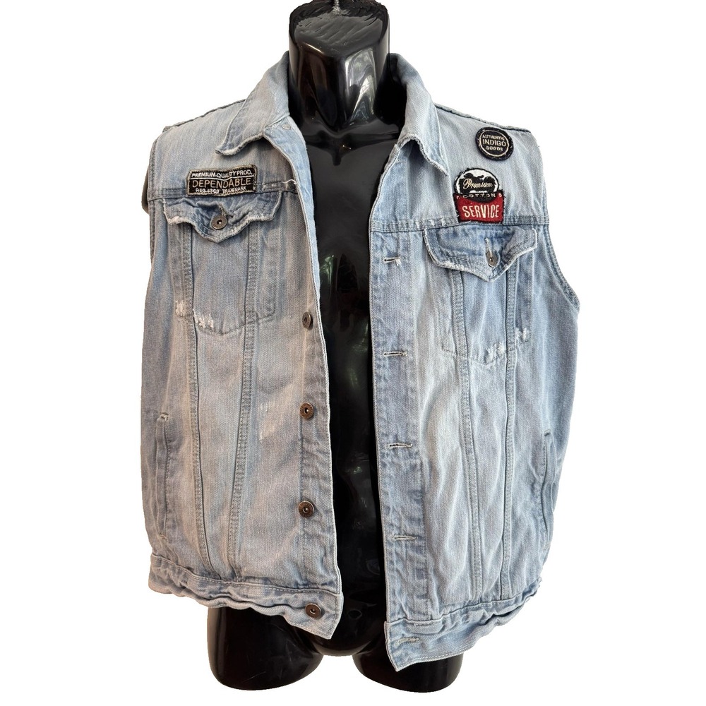 Basic Code Vest Mens L Blue Denim Biker Cutoff Button Front Embroidered Patches